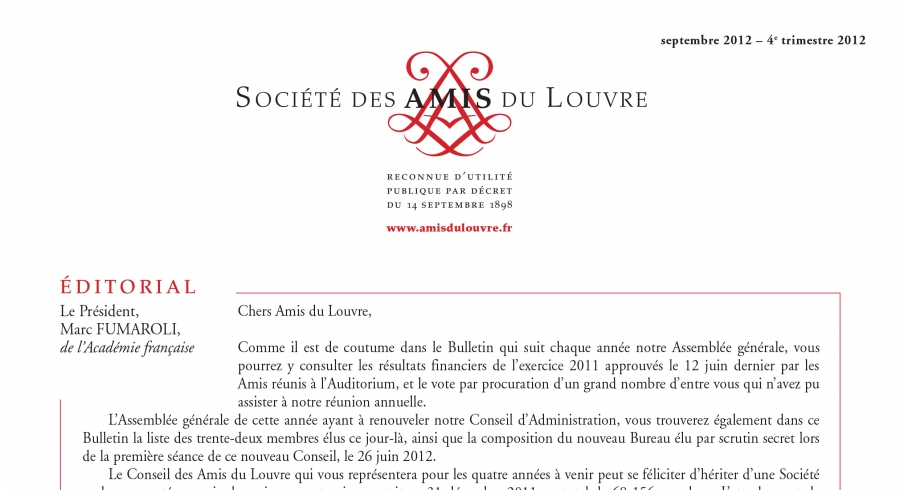 Bulletin trimestriel des Amis du Louvre du 4ème trimestre 2012