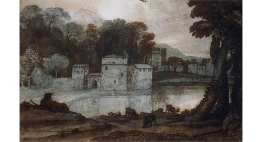 Moulin et ville fortifiés au bord d'un lac